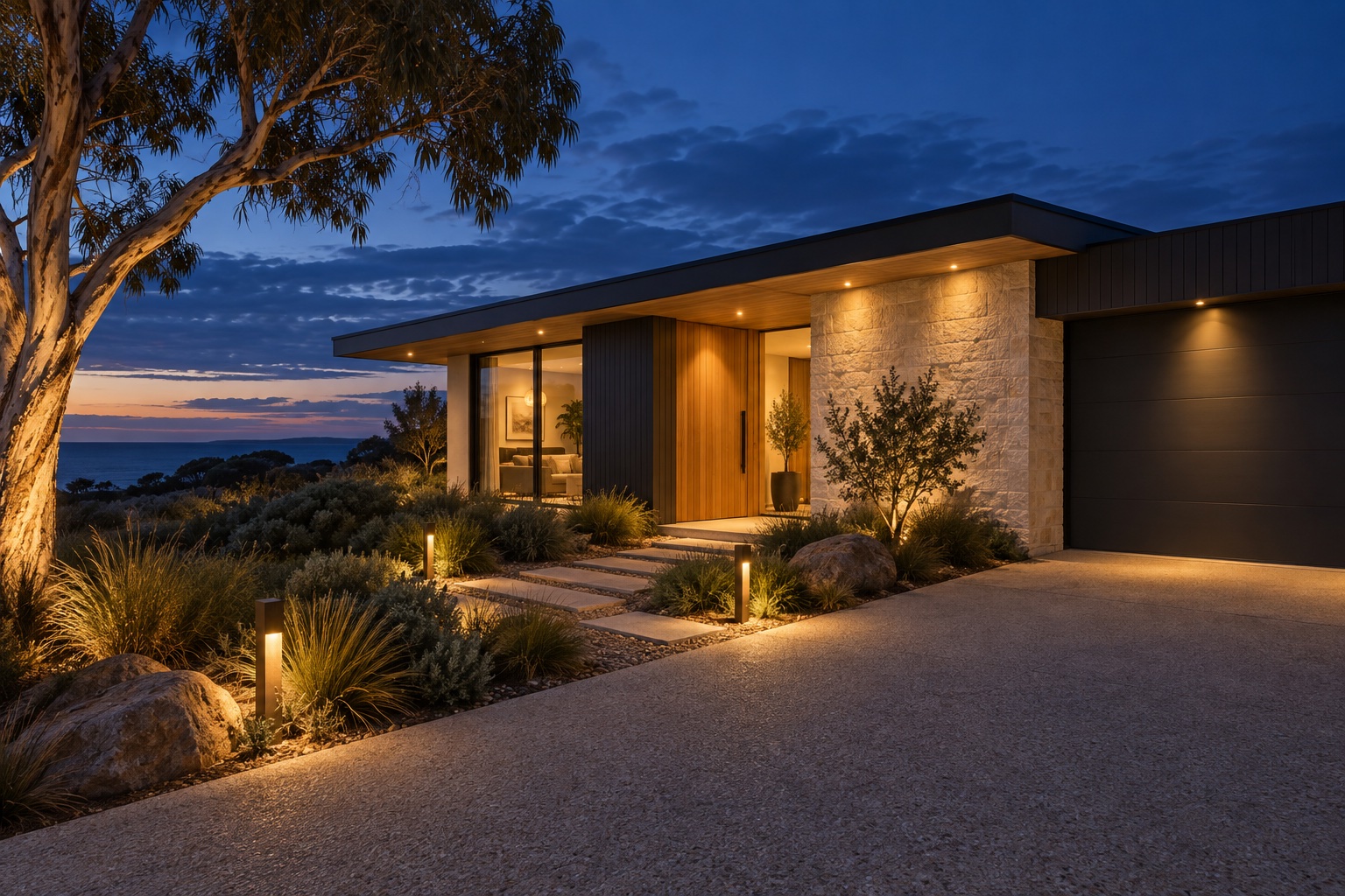 A coastal home at dusk with warm exterior and garden lighting